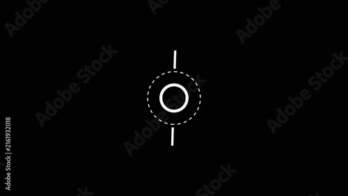 A minimalist white line featuring a circle with dashed outer ring intersected by two diagonal lines on a black background.