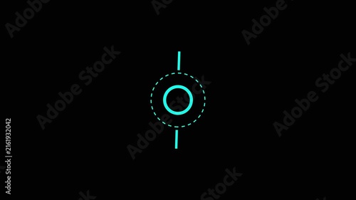 A vibrant cyan line featuring a circle with dashed outer ring intersected by two diagonal lines on a black background.