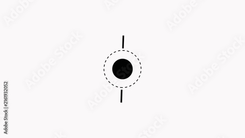Minimalist black solid circle with dashed outer ring and two diagonal lines on a clean white background.