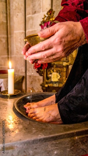 Religious Foot Washing Ceremony During Maundy Thursday Holy Week Service