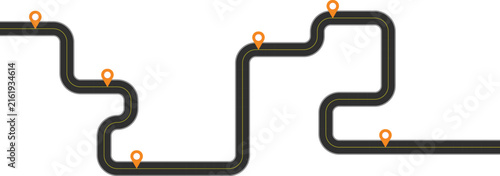 Winding road map with orange location pins isolated on a white background