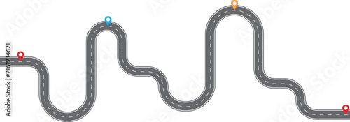 Winding road path with colorful location markers isolated on a white background