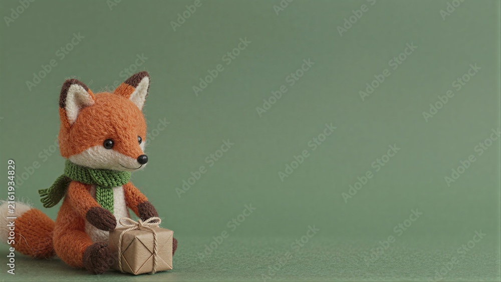 Naklejka premium Knitted fox in green scarf sits beside small wrapped gift on soft green background.