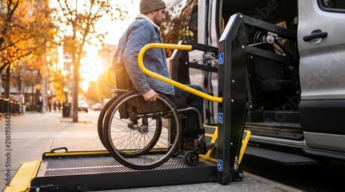accessible transportation person in wheelchair using accessible van lift for urban transportation