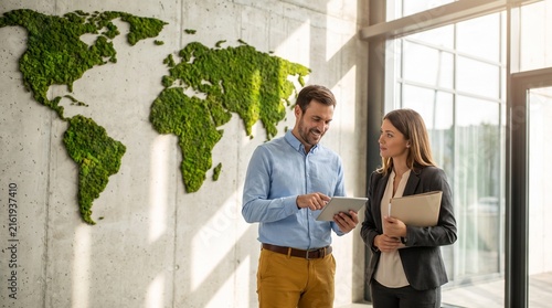 Business colleagues discussing strategy in modern office with green world map decor