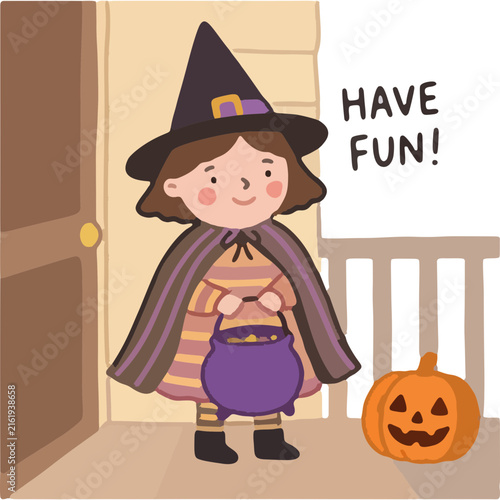 Girl In Little Witch Costume Holding Pumpkin Bucket Kawaii Halloween