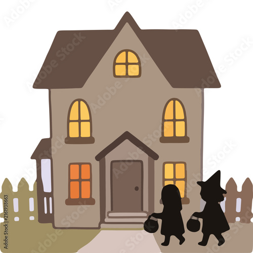Kids Silhouette Trick Or Treat In Front Of Haunted House
