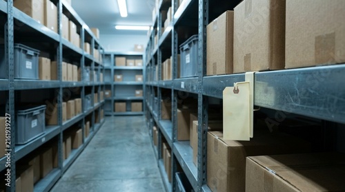 Supply Shelf Expiration Tag Standing within a Quiet Storage Aisle – Supply Shelf Expiration Tag, Hospital Inventory Compliance Stock Photo