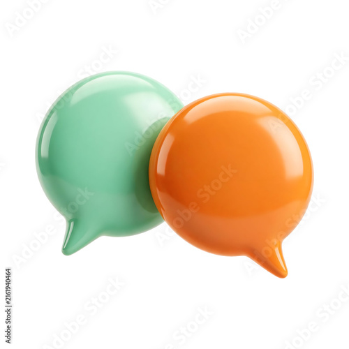 3D Glossy Green and Orange Speech Bubbles for Chat Communication Isolated on White and Transparent Background