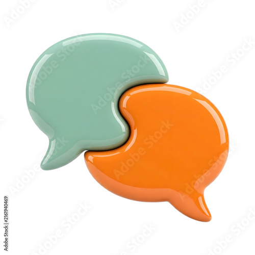 3D Glossy Green and Orange Speech Bubbles for Chat Communication Isolated on White and Transparent Background