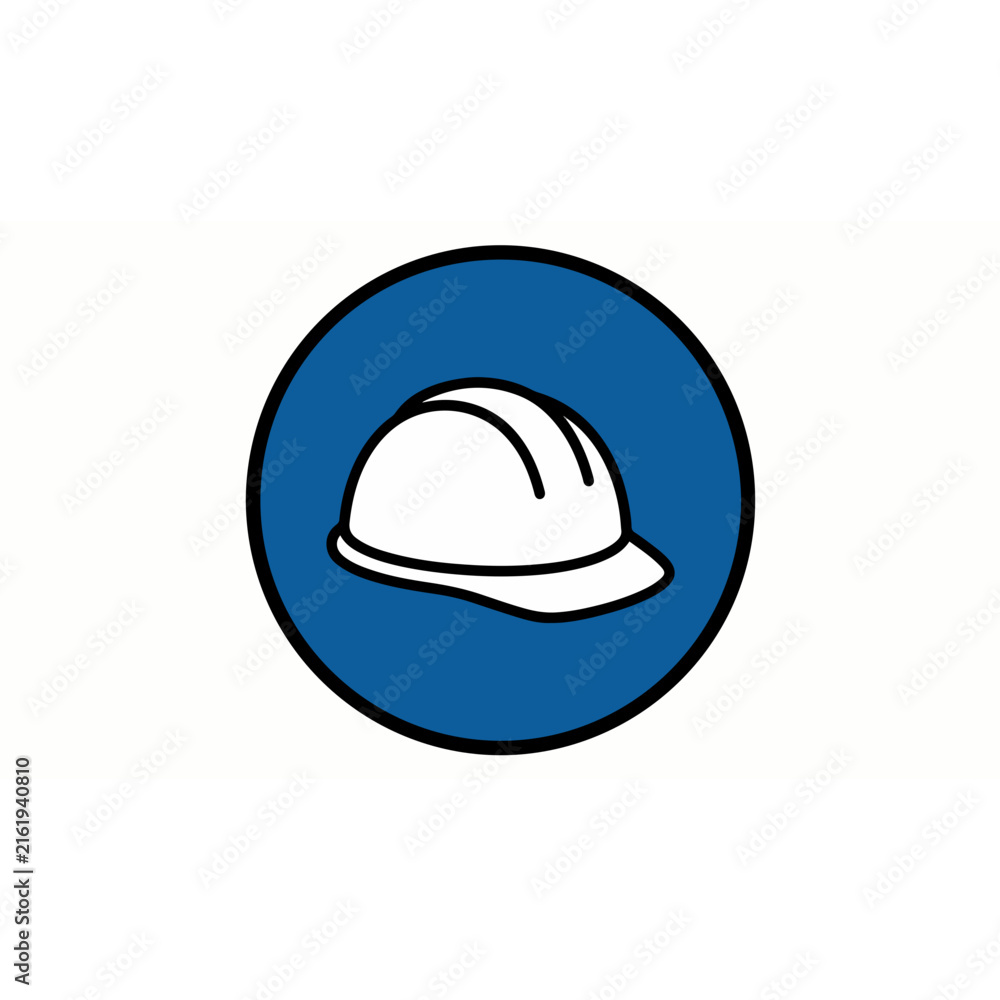 Fototapeta premium Minimalist icon of a white hard hat inside a blue circle.