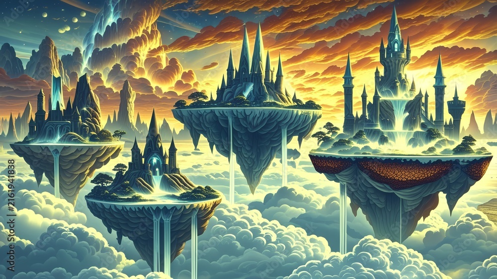 Fototapeta premium Fantasy floating islands with crystal castles, waterfalls, and moons above a sea of clouds