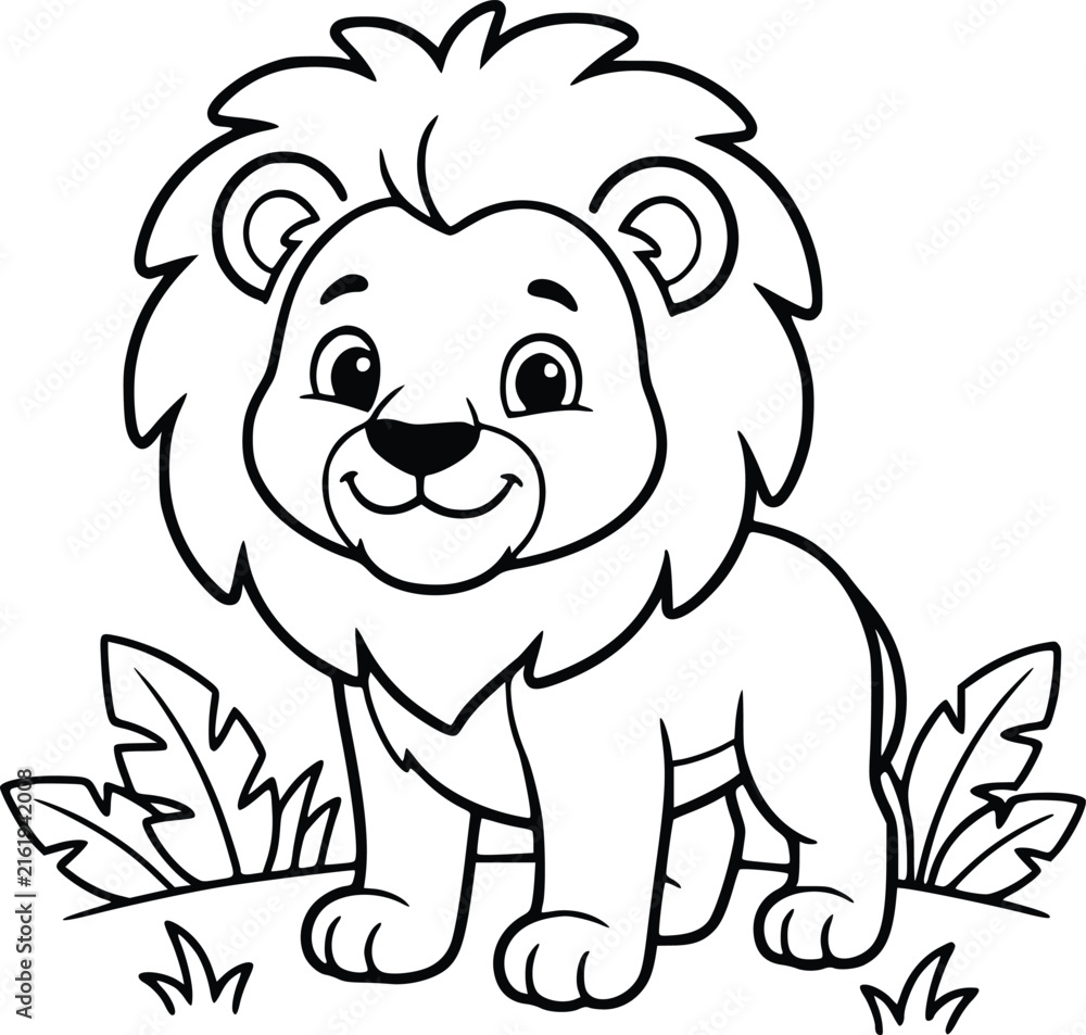 Obraz premium Cute lion coloring page for kids, cartoon baby lion vector illustration, black and white safari animal outline for preschool activity