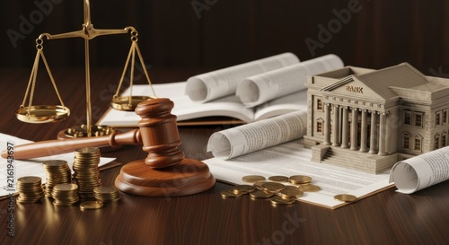A polished wooden gavel beside a miniature bank building, stacks of coins, financial contracts, and a balance scale, representing banking laws