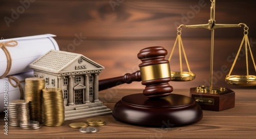 A polished wooden gavel beside a miniature bank building, stacks of coins, financial contracts, and a balance scale, representing banking laws