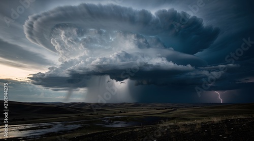 Dramatic supercell thunderstorm cloud swirling over a vast landscape with heavy rain shafts.