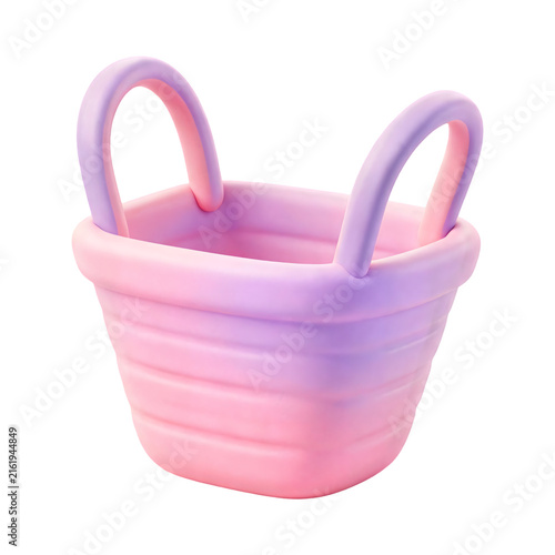 Cute 3D Pastel Pink Shopping Basket with Purple Handle on Transparent Background Isolated on White