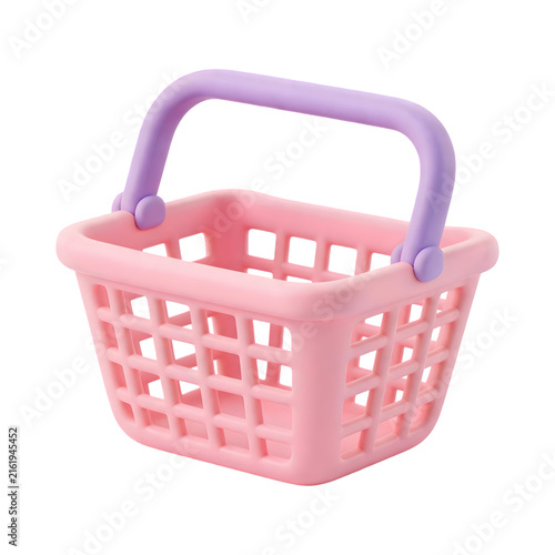 Cute 3D Pastel Pink Shopping Basket with Purple Handle on Transparent Background Isolated on White