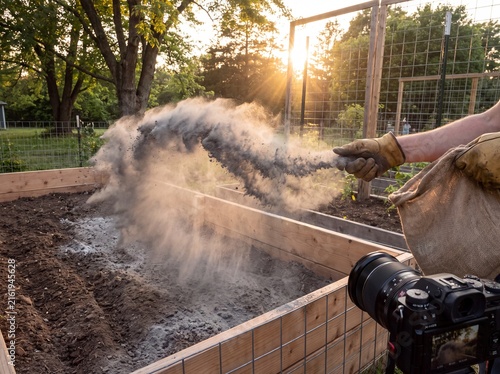Gardener Spreading Volcanic Rock Dust Fertilizer in Raised Garden Bed at Sunset