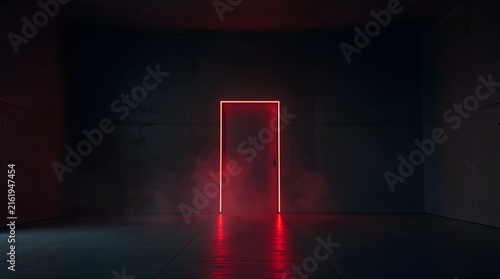 A mysterious dark room with a glowing red doorway and smoke.