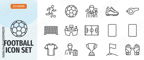 Football icon set vector design with soccer ball, player, referee, shoes, whistle, goal, stadium, field, cards, jersey, coach, trophy, corner flag, and goalkeeper gloves