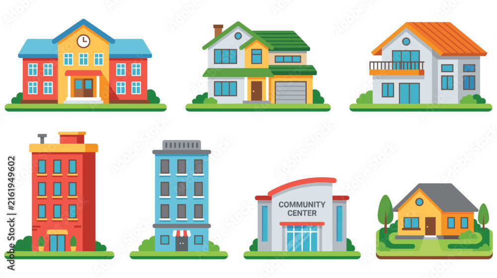 Naklejka premium Assortment of buildings school house apartment community center.