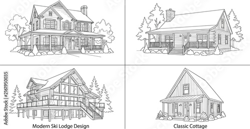 Architectural house styles vector set featuring wooden cabin classic cottage modern ski lodge and farmhouse designs