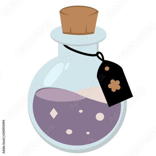 Cute glass potion bottle filled with purple magical liquid and decorative label.