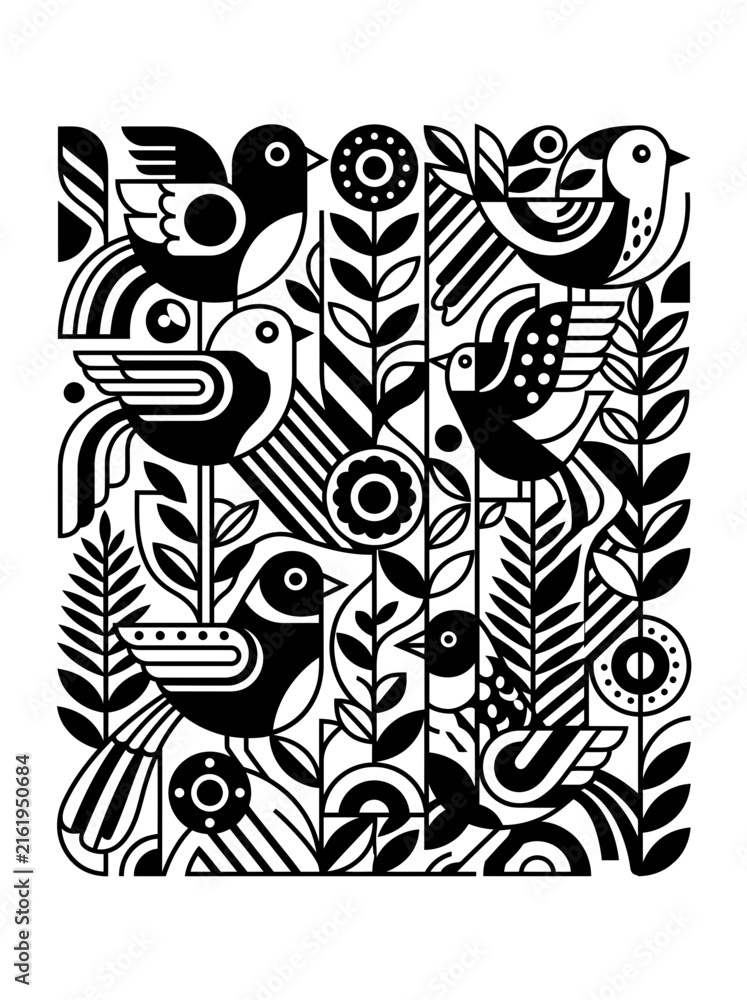 Fototapeta premium Geometric birds and floral folk art illustration