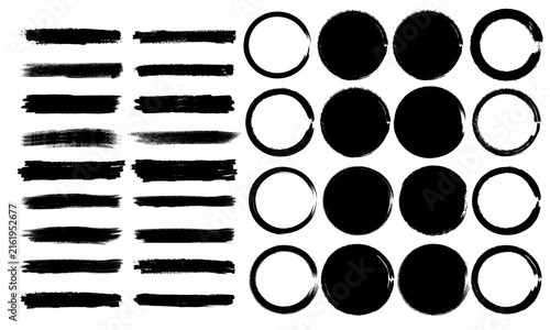 Black ink brush strokes and circle collection, distressed textures set