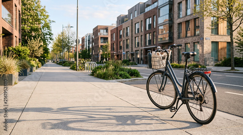 Urban Commuter Bicycle Parked Along Modern City Sidewalk
