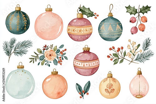 Watercolor Christmas  decor set with balls and floral elements
