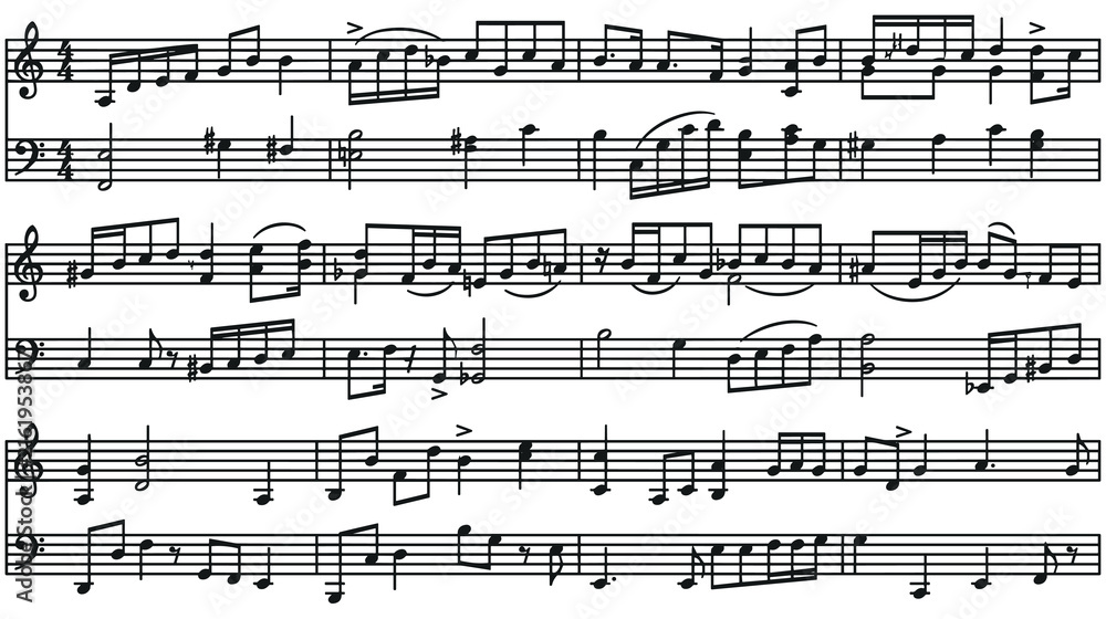 Fototapeta premium Musical notation sheet featuring classical staff lines and complex notes.
