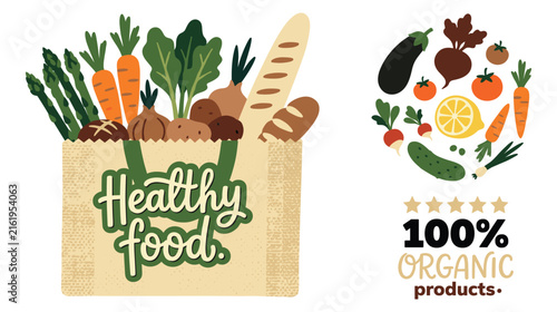 Healthy food grocery bag with fresh vegetables and bread for organic market shopping.