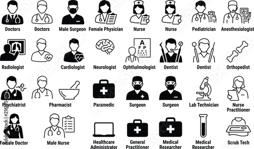 Medical specialists and hospital staff professions vector line and glyph icon set with labeled text