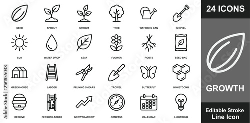 Growth gardening icons set features black linear plant life symbols with professional editable stroke.