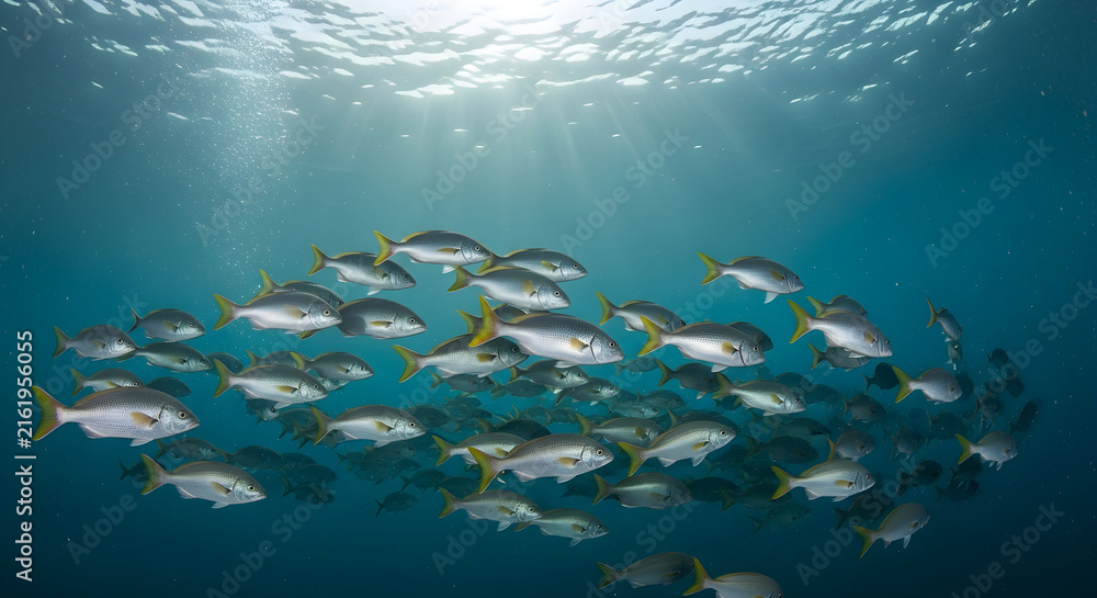 Fototapeta premium School of fish swimming underwater in the deep blue ocean
