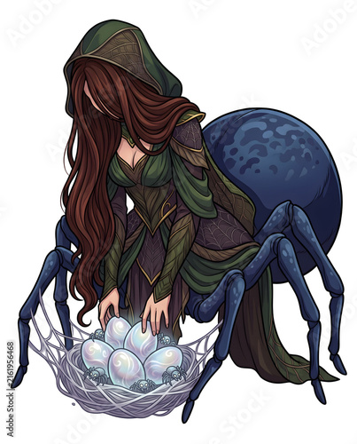 Fantasy Spider Woman Guarding Nest of Eggs Isolated on White