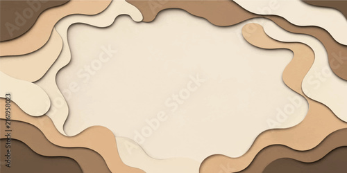 Abstract paper cut layer background template with wavy brown beige craft texture frame design