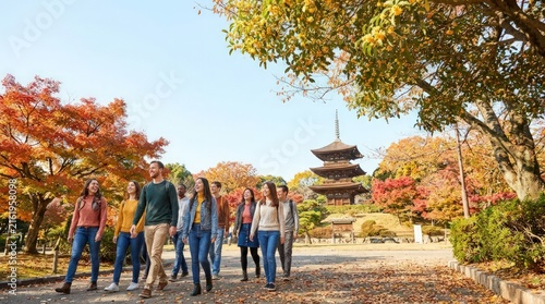 Diverse Group of Friends Walking in Japanese Park with Pagoda in Autumn