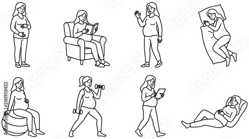 Pregnant woman character set in black outline performing daily activities.
