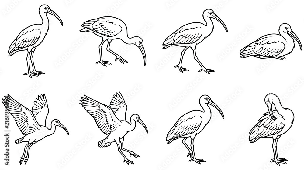 Naklejka premium Ibis bird character set with diverse natural poses and flying actions.