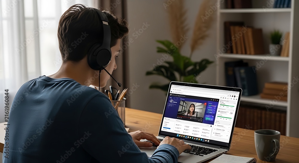© Mohsin - Man attends an online video call using his laptop at home.