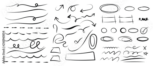 Hand drawn marker sketch arrows circles and rectangle frames doodle, irritation, anger doodles. Rough emotional hand drawn ball pen sketch grunge illustrations. Chaotic freehand pencil drawings.