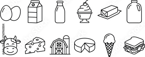 Dairy product farm food line icon set featuring fresh cow milk carton cheese eggs butter and ice cream
