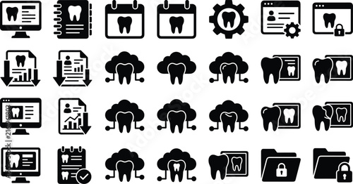 Dental Clinic Management and Digital Stomatology Black Silhouette Icon Set with Cloud Computing, Tooth Xray, Medical Records, and Security Folder Symbols for Healthcare Software