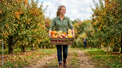 Smiling Woman Carrying Crate of Pumpkins and Apples in Autumn Orchard