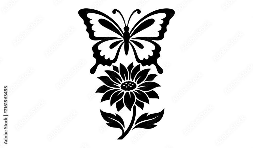 Fototapeta premium Ornamental Black Butterfly and Blooming Flower Silhouette Vector Design