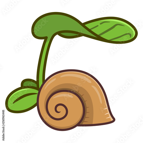 snail shell on a green leaf cartoon illustration