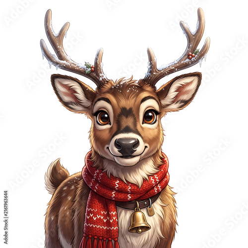 Cute Christmas reindeer wearing a red knitted scarf and golden bell with snowy antlers isolated